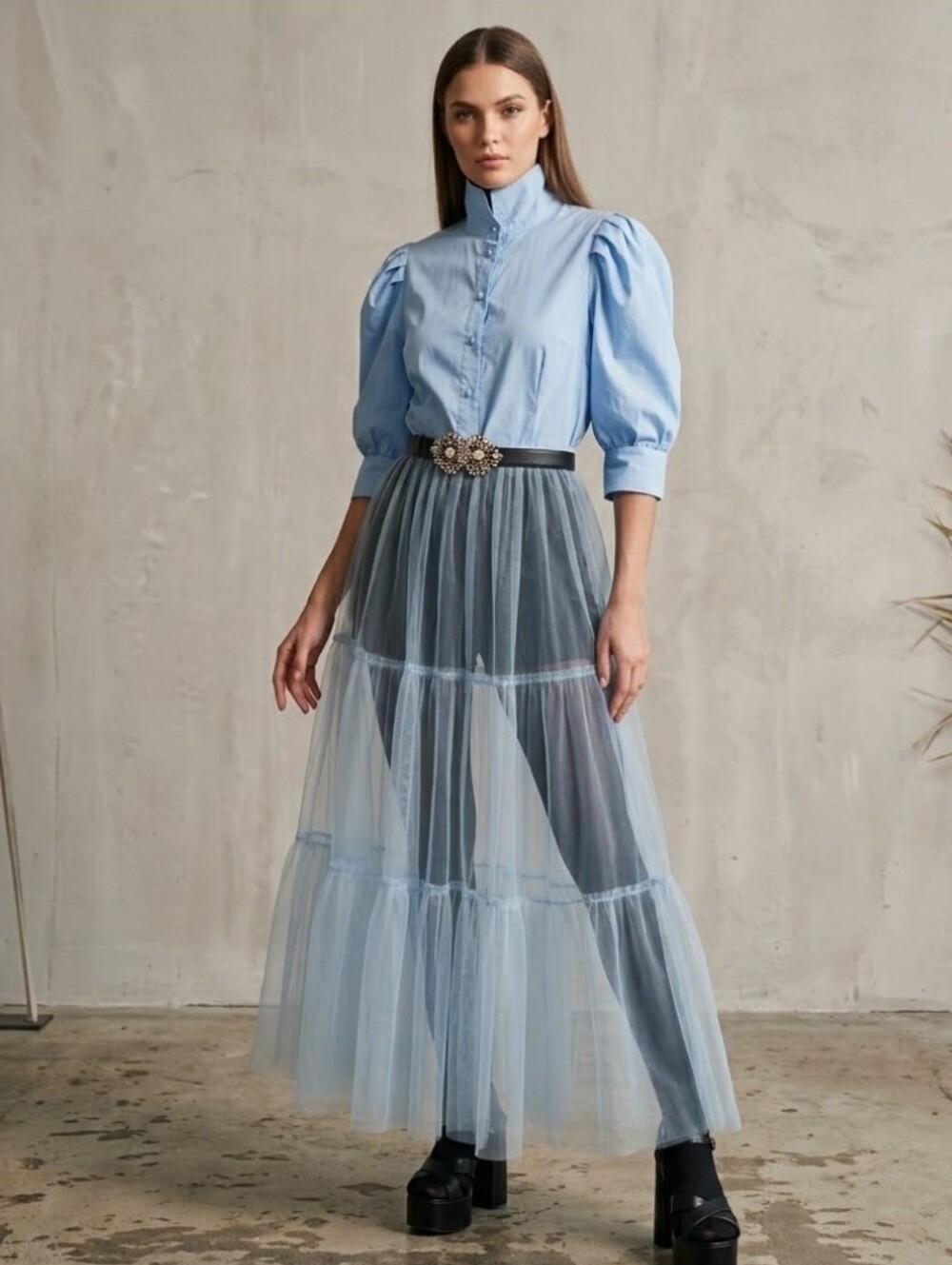Light blue Coverall with structured Sheer Bottom, Sz M